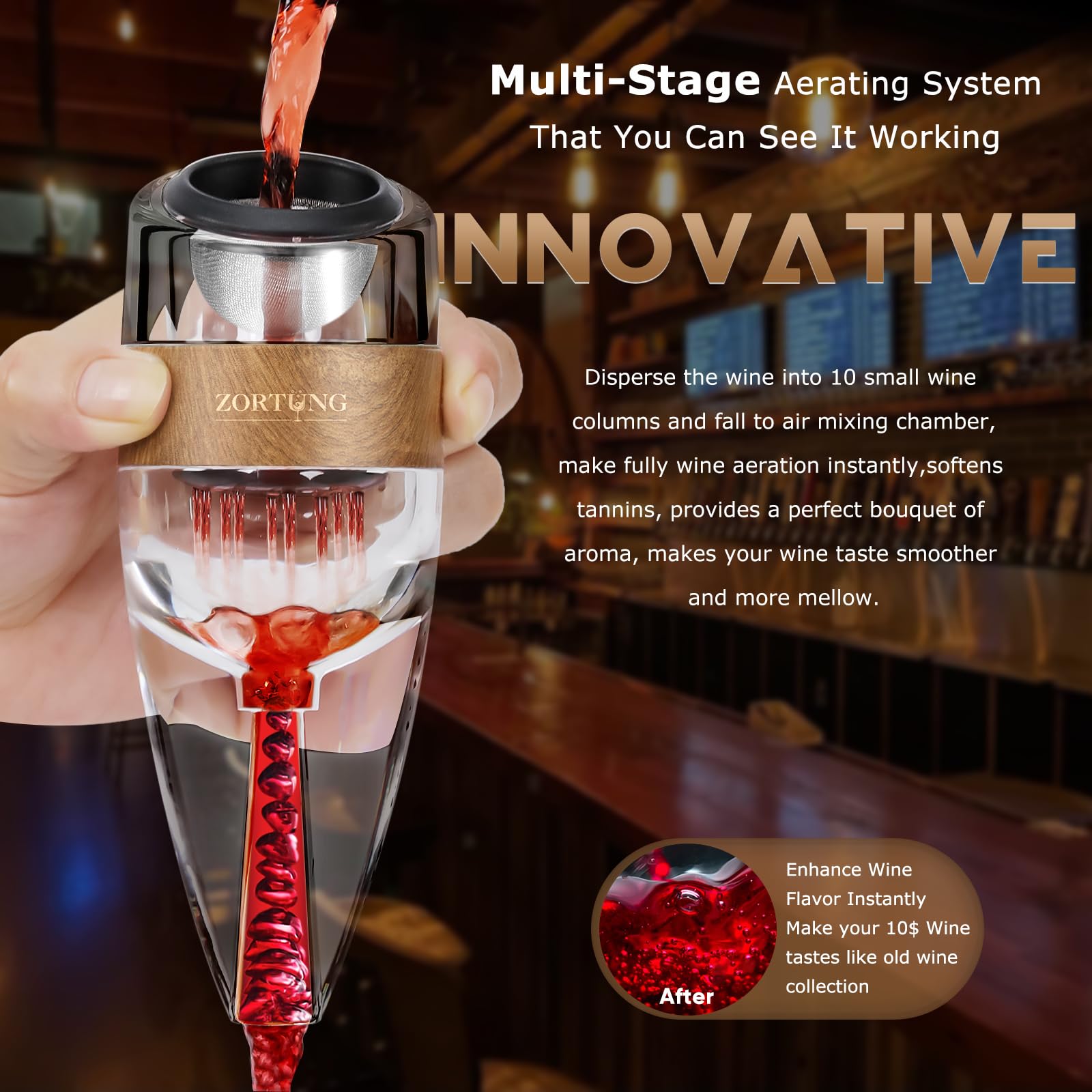 ZORTUNG acrylic BPA-free aerator with vintage wood grain finish for stylish display