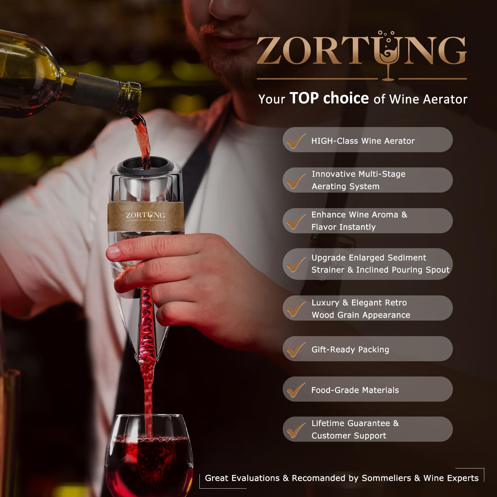 ZORTUNG wine aerator close-up filtering cork bits for cleaner pours