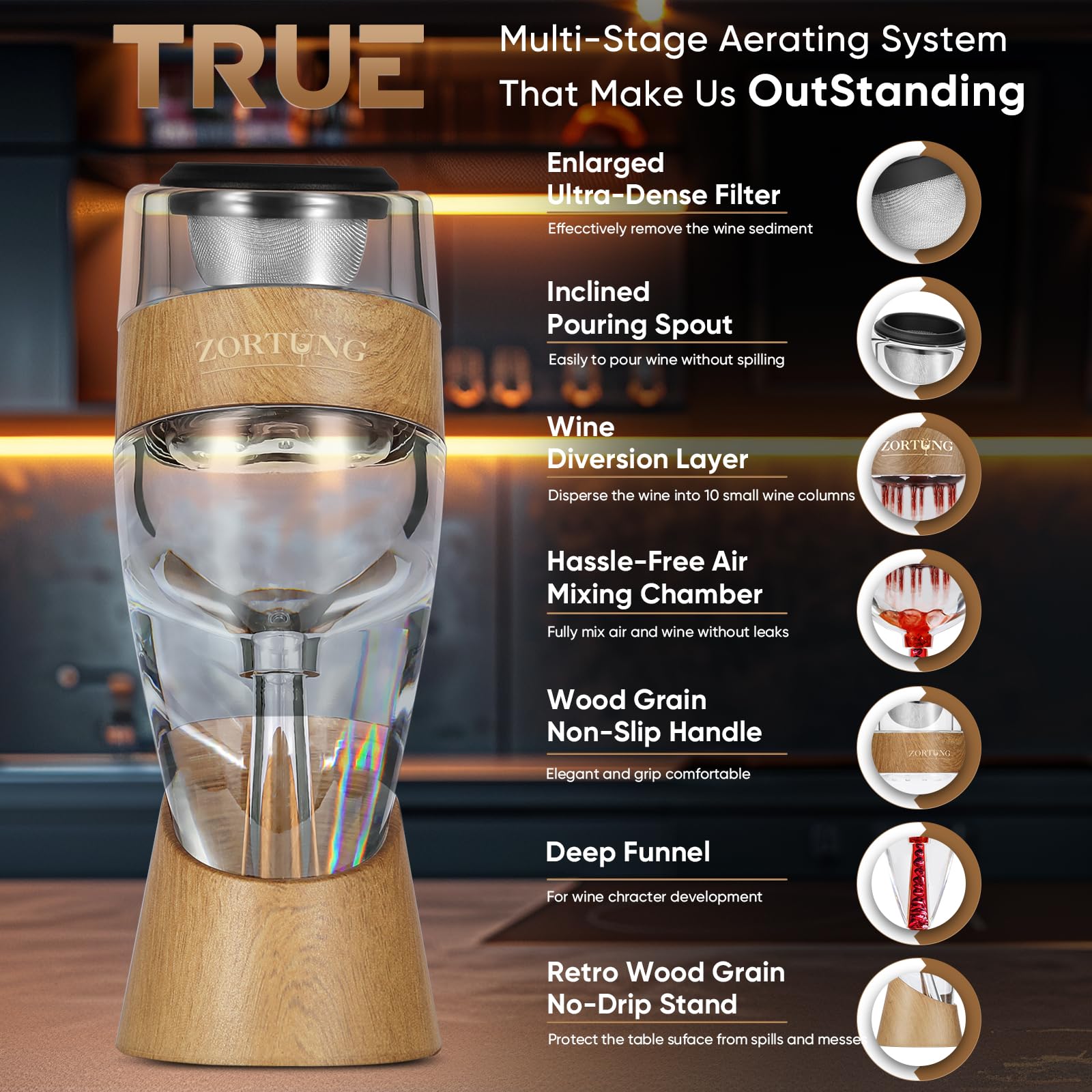 ZORTUNG travel-ready aerator with compact stand and wood-like aesthetic