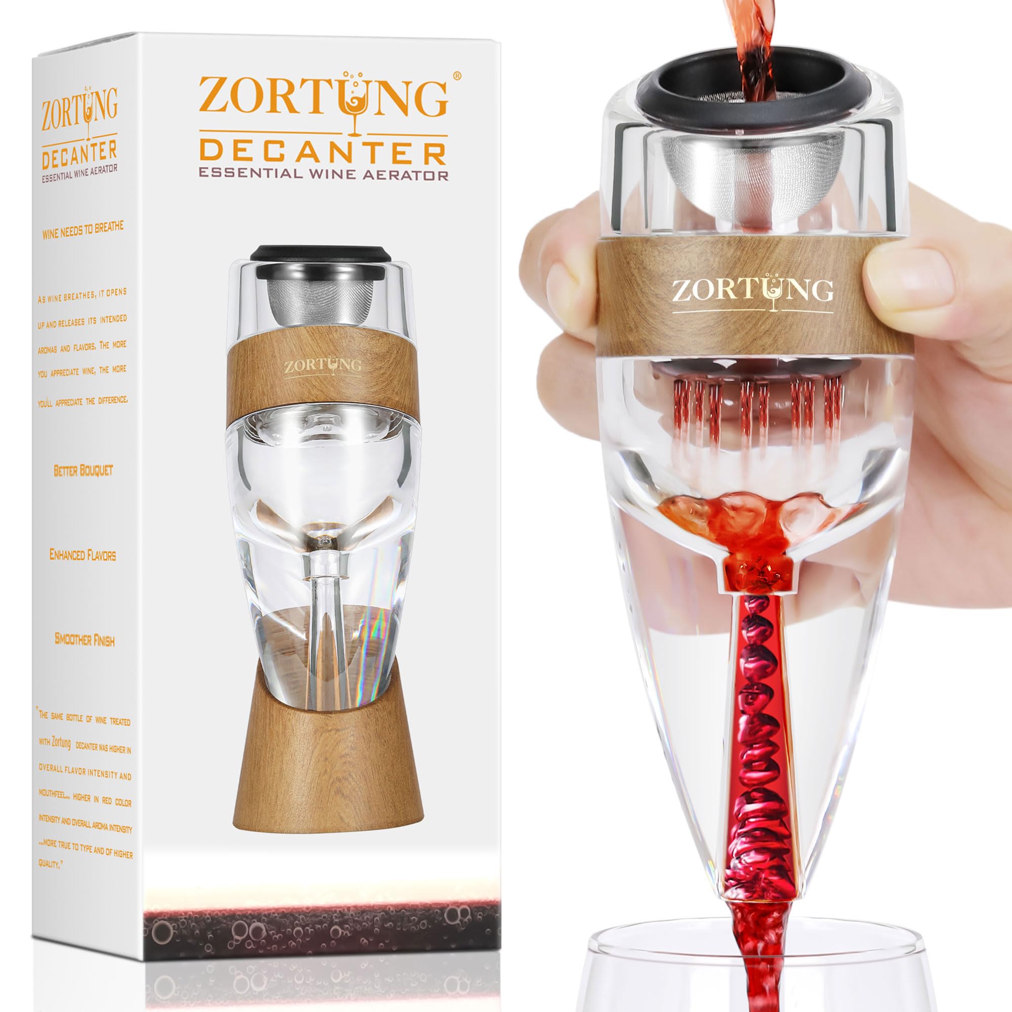 ZORTUNG wine aerator pourer in action with sediment filter for smoother wine