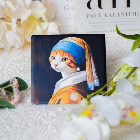 Zosiana Designs Gallery Cats square coaster adding playful elegance to a desk