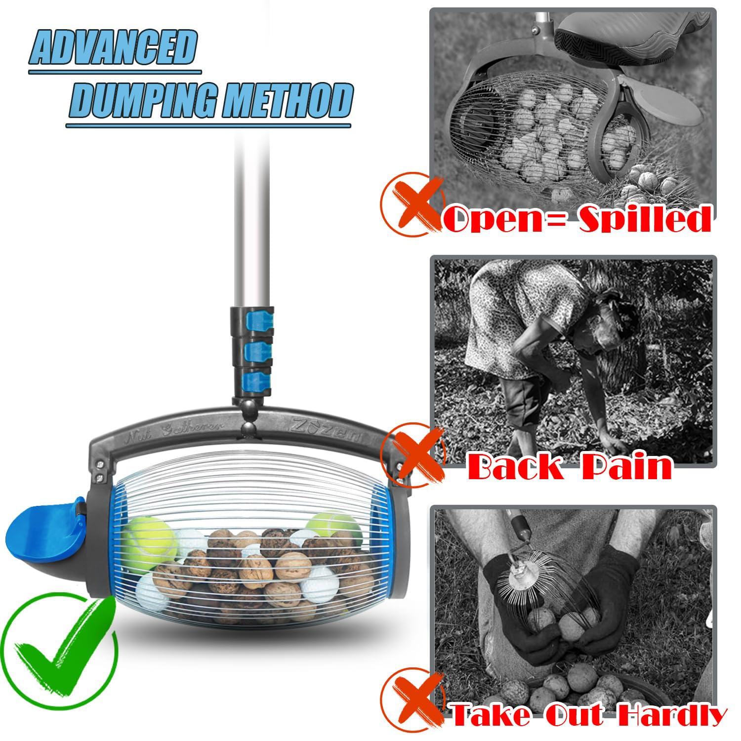 Zozen Nut Gatherer Roller dump mechanism in action for easy unloading