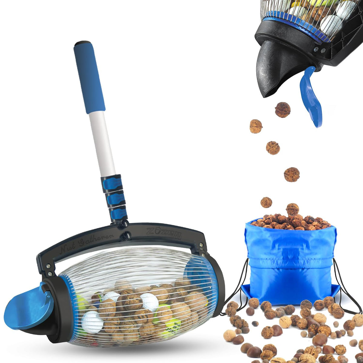 Zozen Nut Gatherer Roller side view shows quick standing pickup for nuts