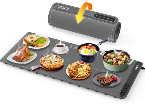 ZPPBL warming mat showing full-surface heat across multiple dishes
