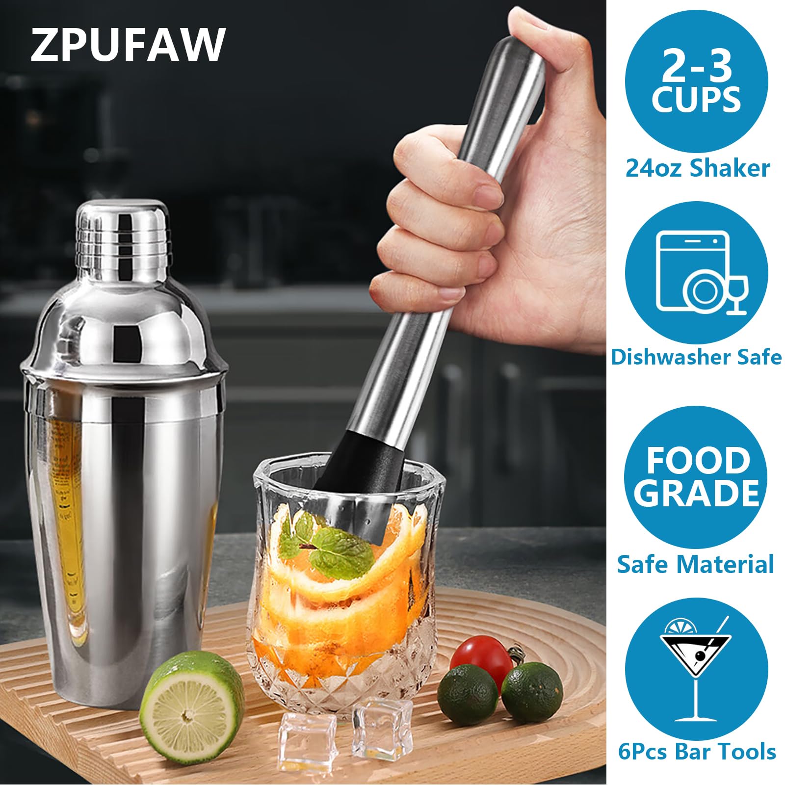 ZPUFAW cocktail shaker set with all pieces for complete home bartending kit