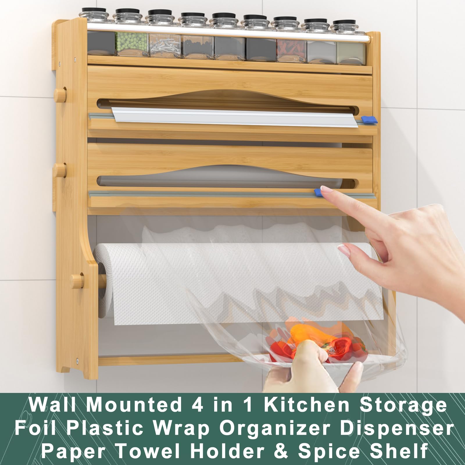 Zri Bamboo paper towel holder on the wall keeps towels within reach.
