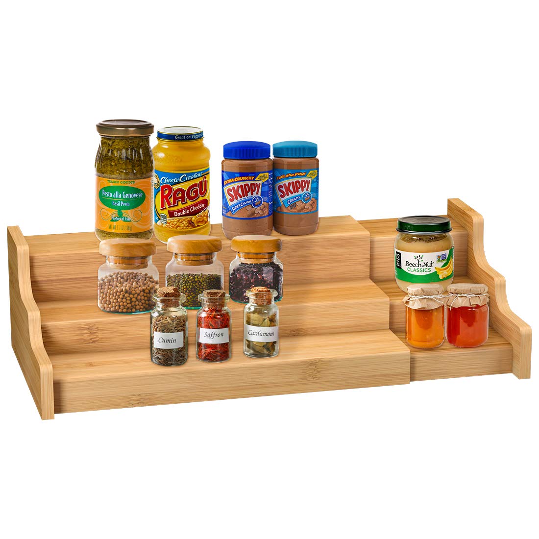Zri Bamboo Spice Rack 3-tier extendable front view for easy spice access