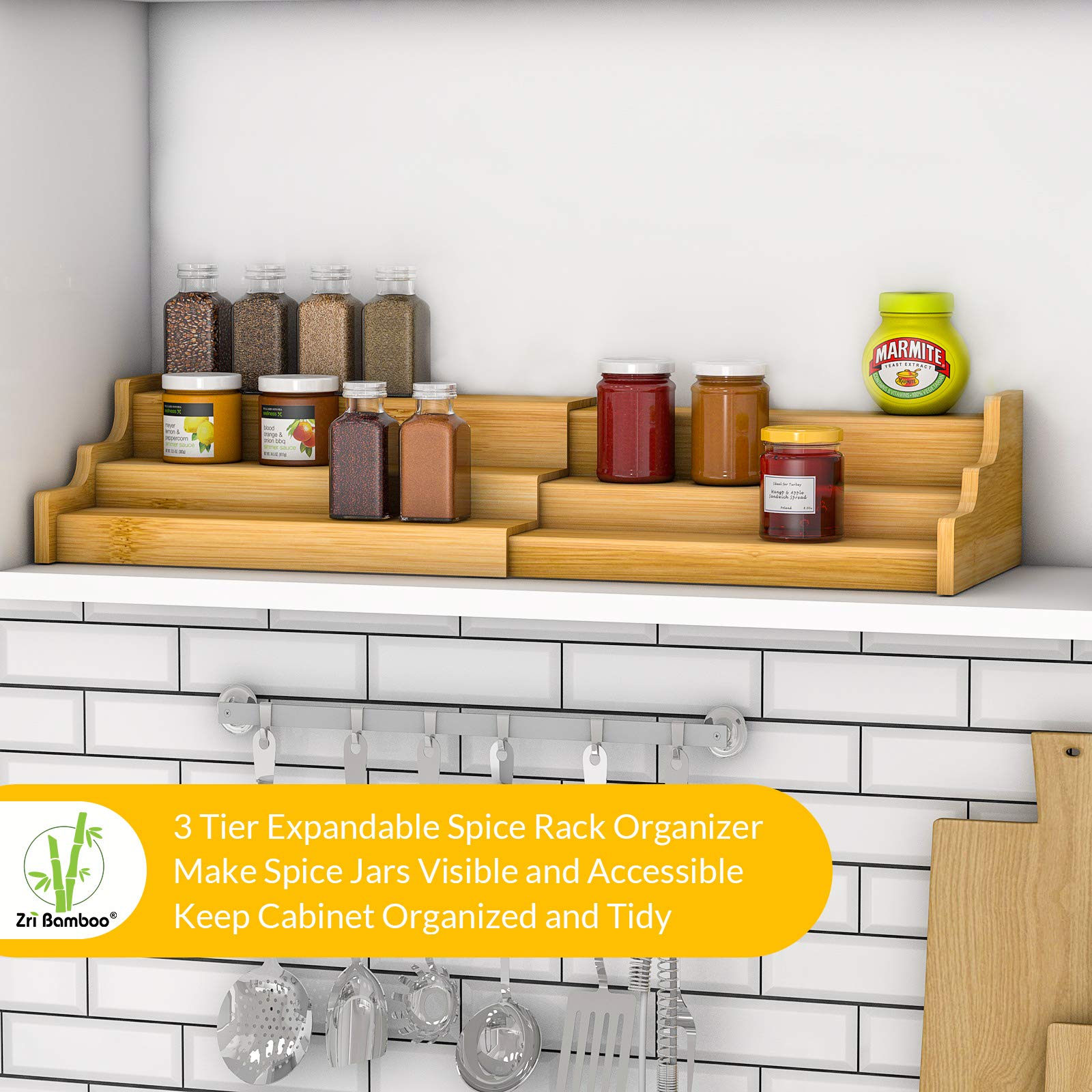 Zri Bamboo Spice Rack in cabinet horizontal use keeps jars visible and reachable