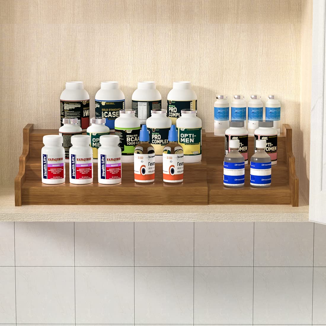 Zri Bamboo walnut-finish shelf inside a cabinet for accessible jars.