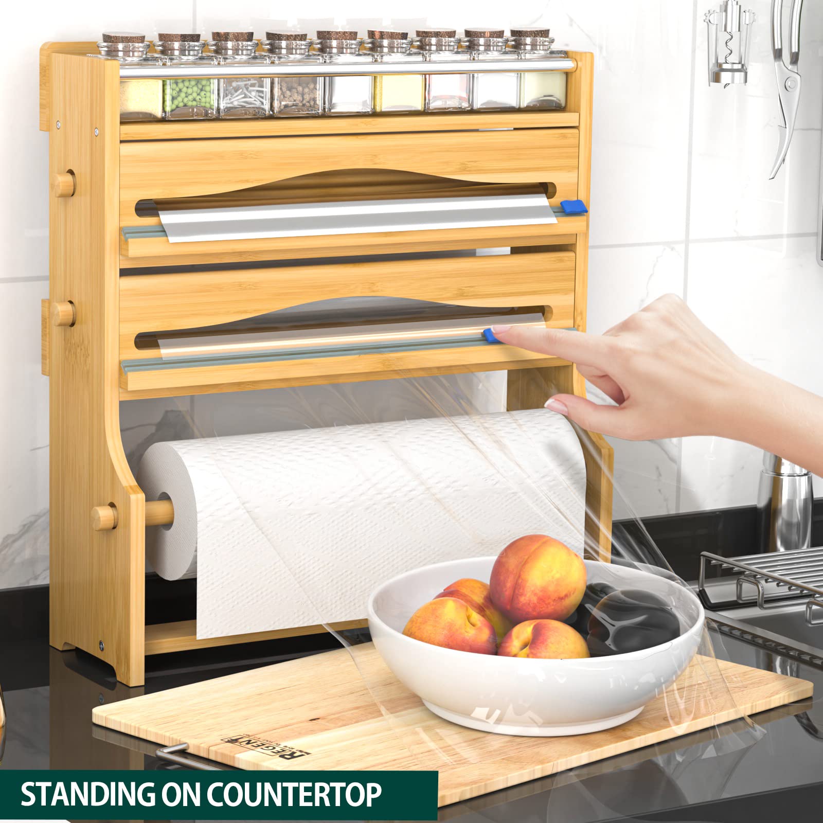 Zri Bamboo spice shelf top storage holds 7–8 jars for quick flavor access.