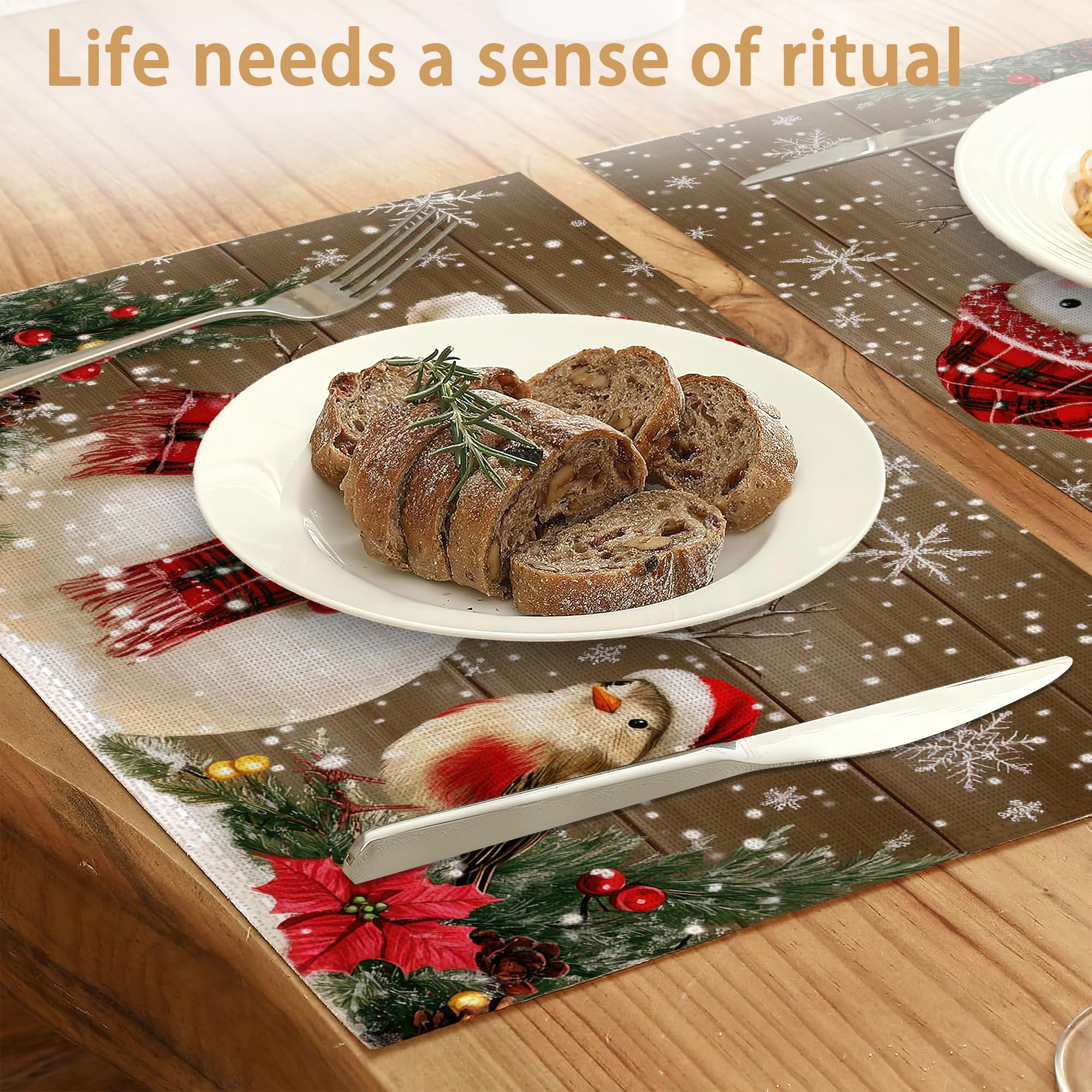 ZTHLL Snowman Snowflakes placemats on wood table showcase holiday print.