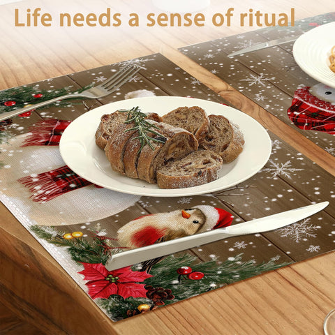 ZTHLL Snowman Snowflakes placemats on wood table showcase holiday print.