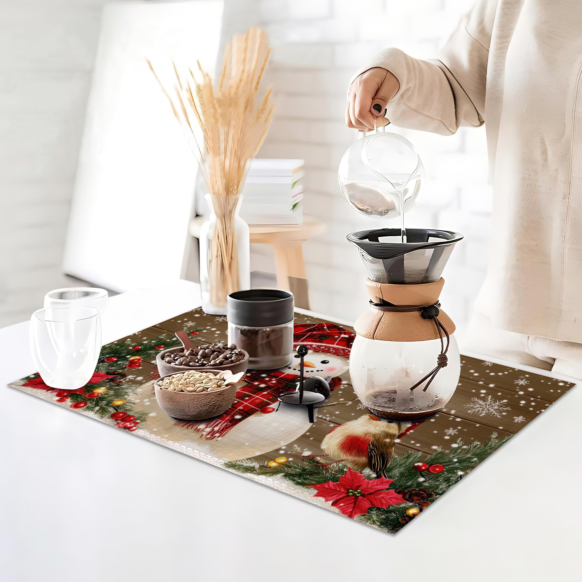 ZTHLL Snowman Snowflakes linen placemats close-up highlighting soft linen texture.