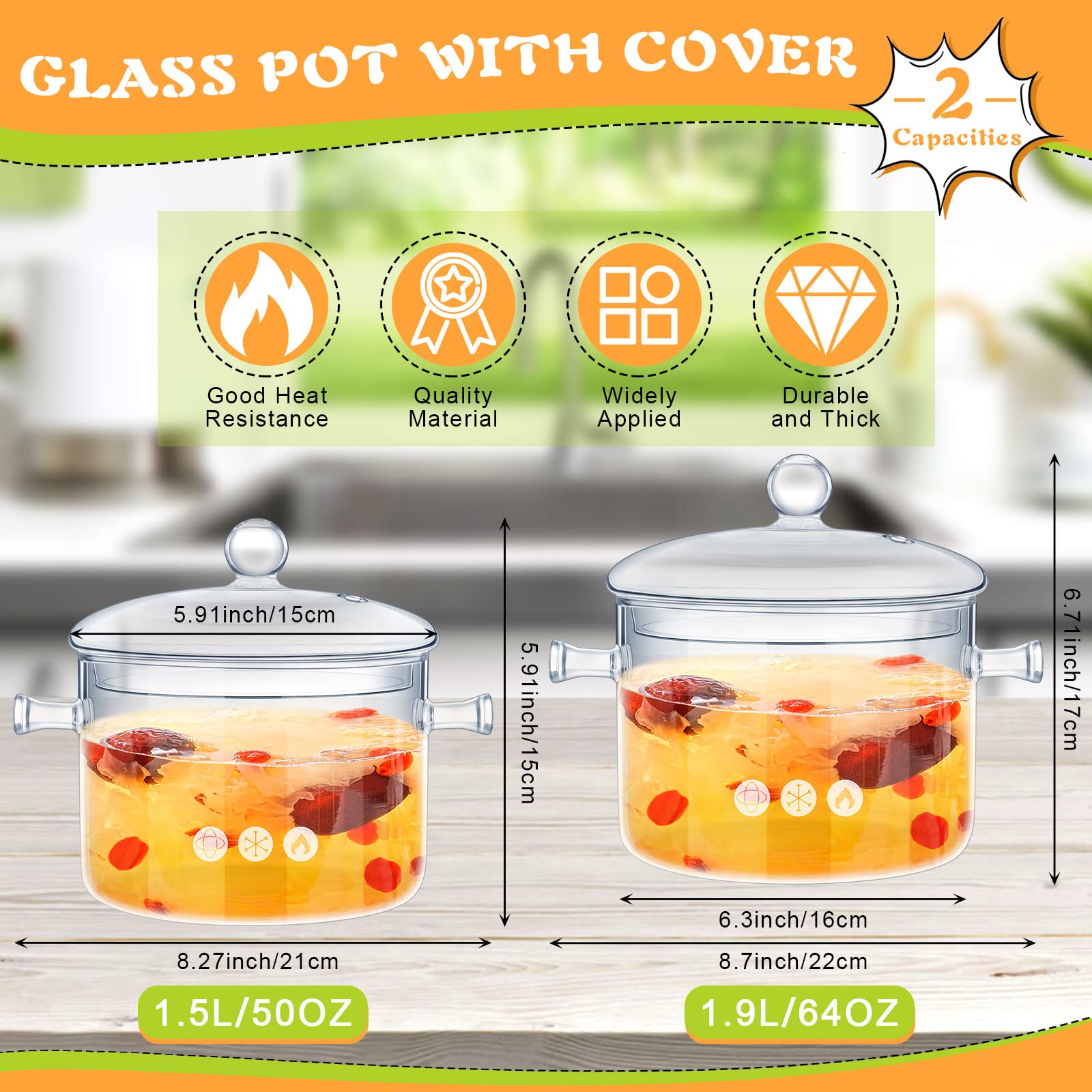 Zubebe clear glass pot 1.9L with lid for even heating and monitoring.