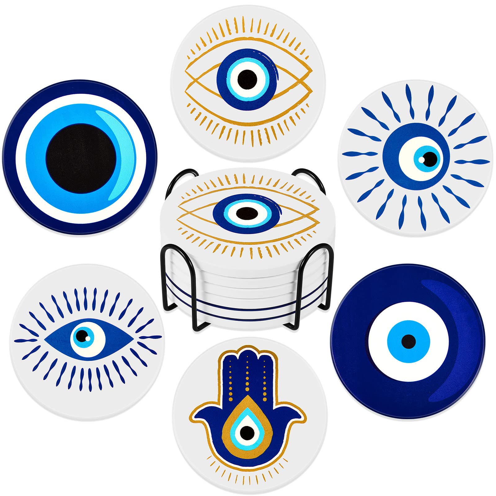 Zubebe evil-eye coaster set with holder shown on display for organized surfaces.