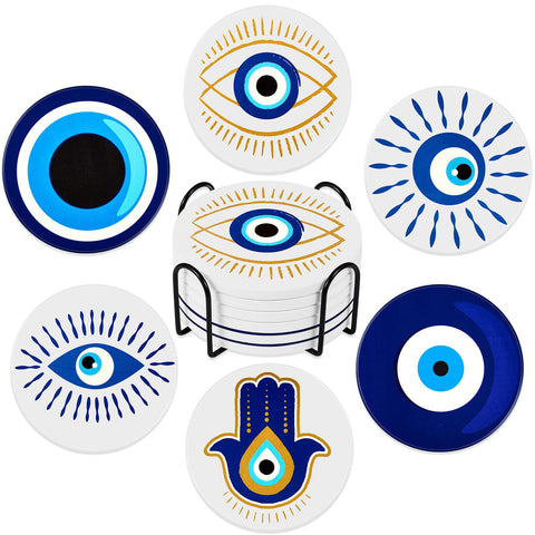 Zubebe evil-eye coaster set with holder shown on display for organized surfaces.