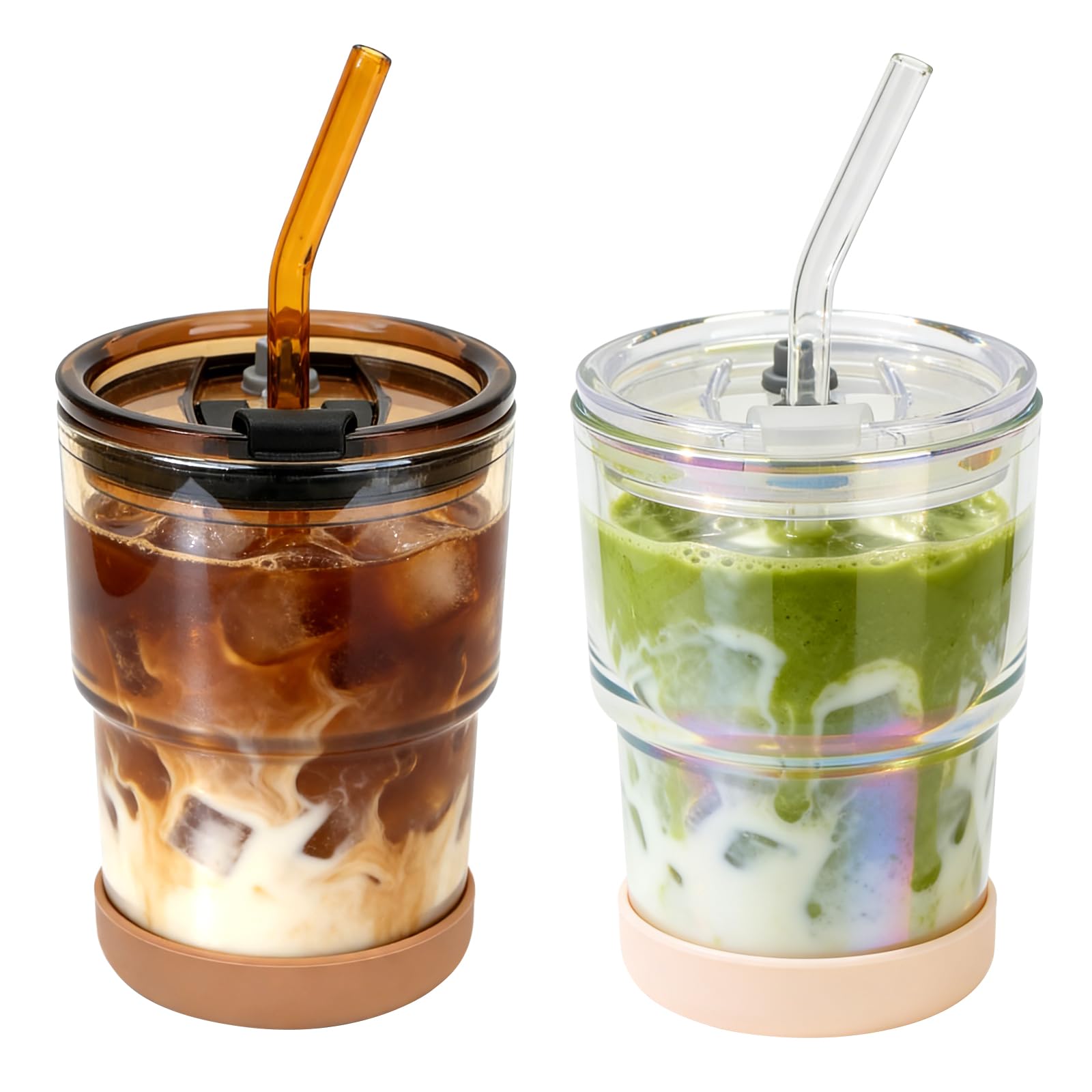 Zukro 13 oz amber glass iced coffee cup with lid for spill-free travel.
