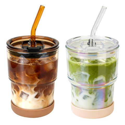 Zukro 13 oz amber glass iced coffee cup with lid for spill-free travel.