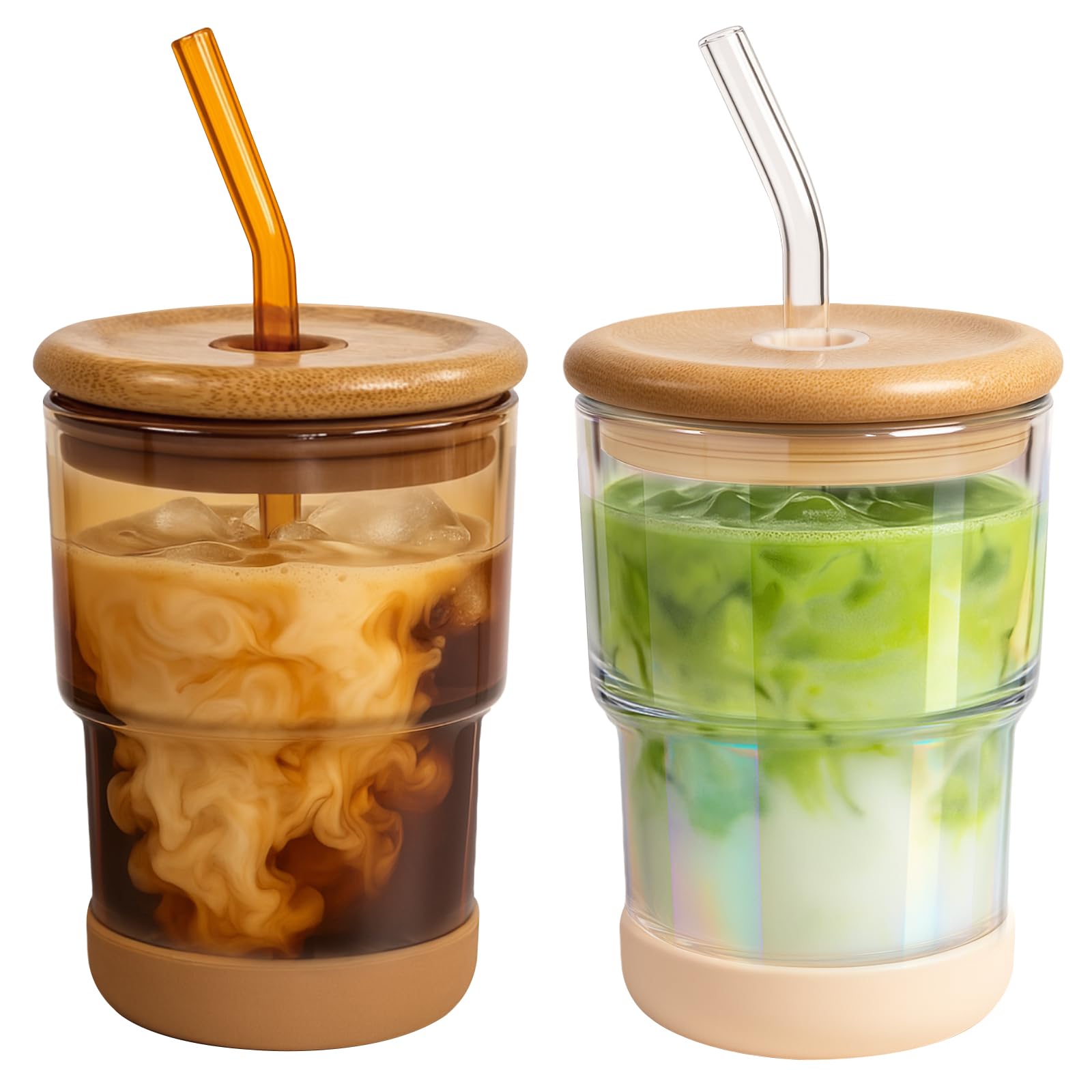 Zukro 13 oz glass iced coffee cup with bamboo lid for plastic-free sipping