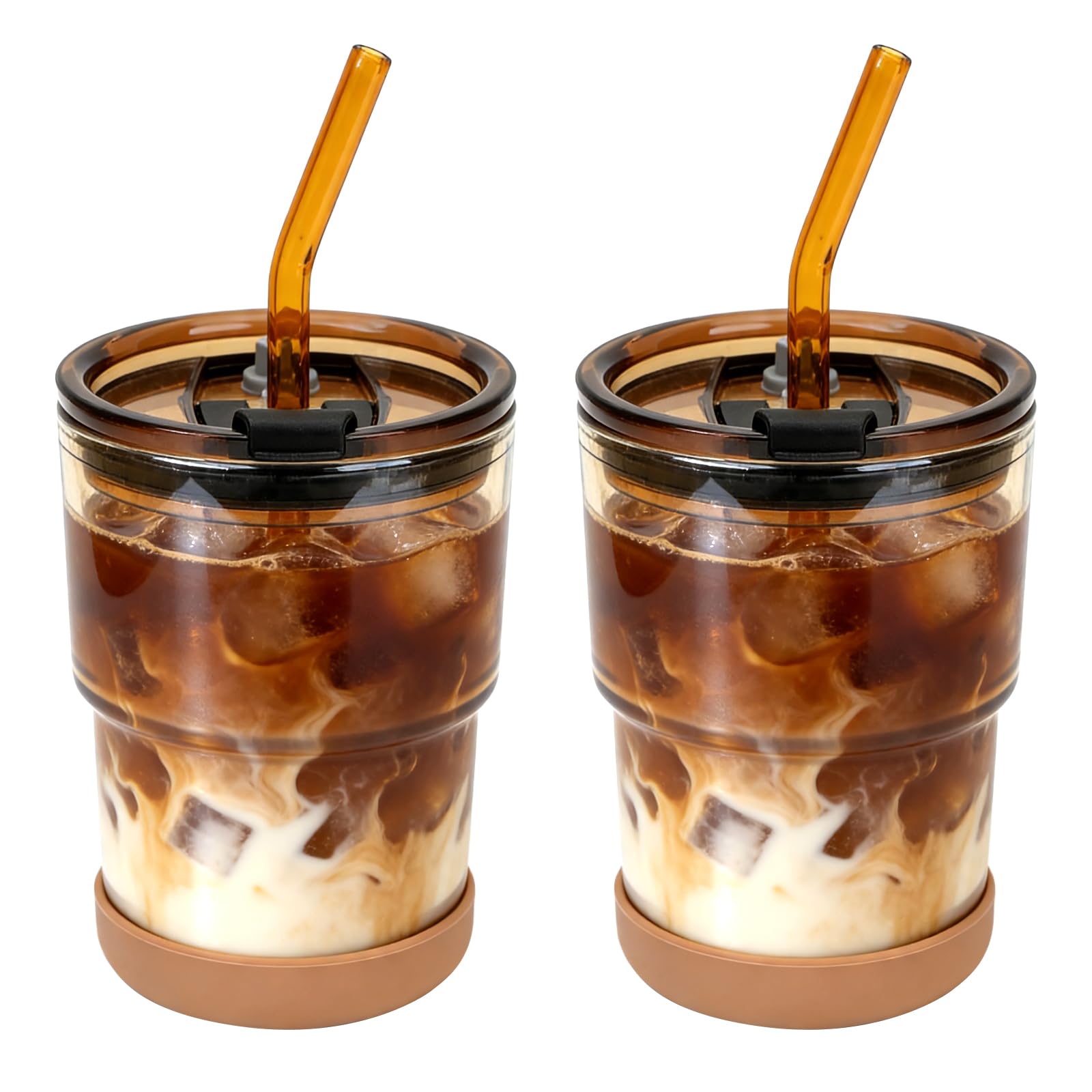 Zukro 13 oz glass iced coffee cup with lid and straw for leak-proof travel