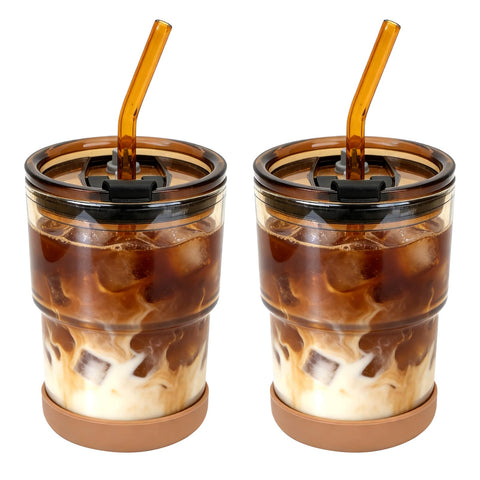 Zukro 13 oz glass iced coffee cup with lid and straw for leak-proof travel