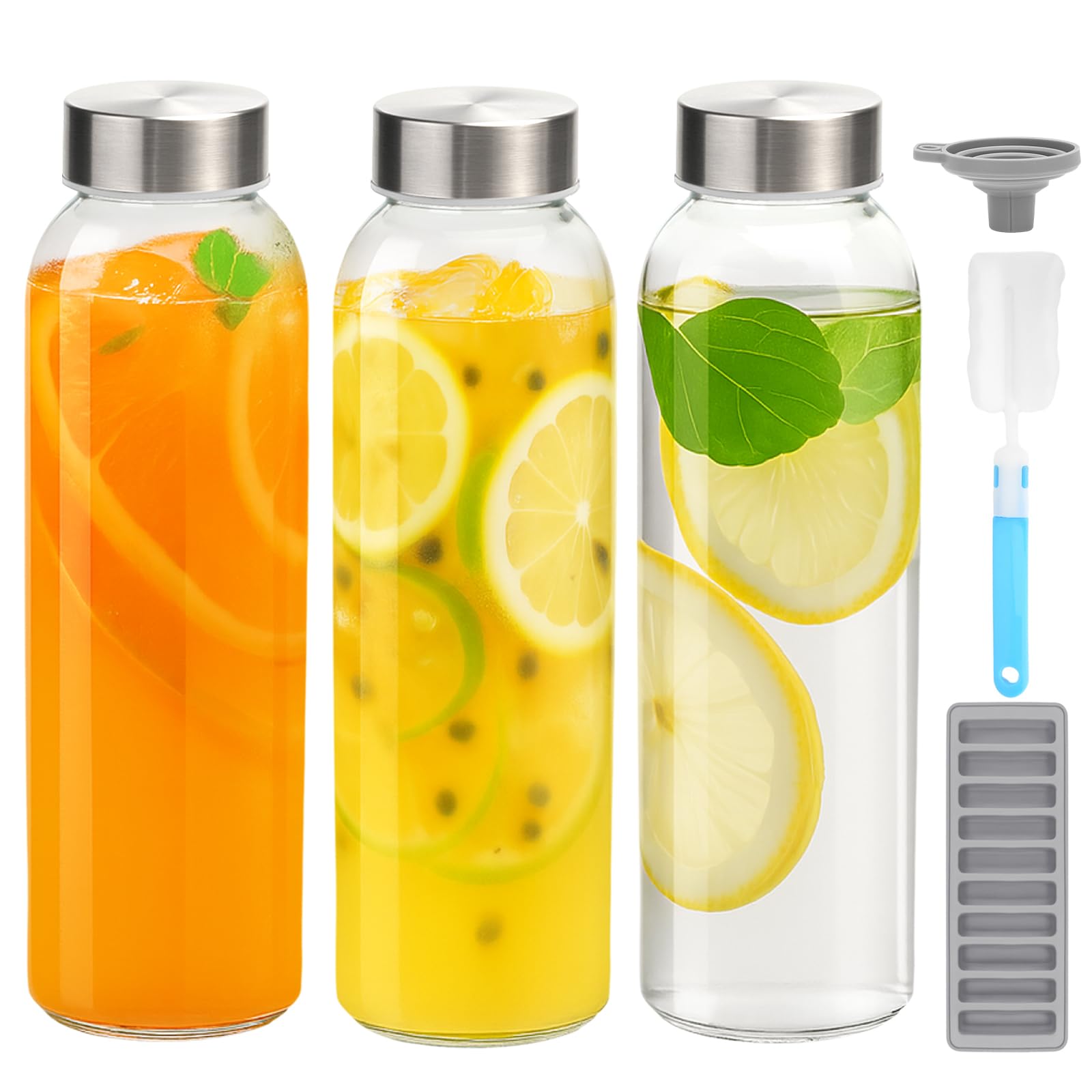 Zukro 24oz glass juice bottle with airtight lid, triple-pack for on-the-go hydration.
