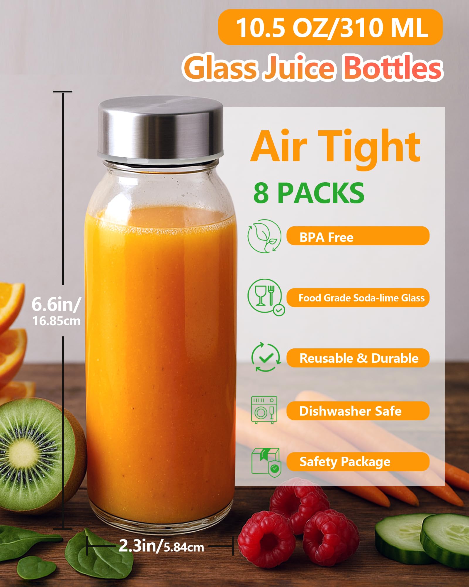 Zukro eight-pack packaging display shows durable reusable bottles for juices and smoothies