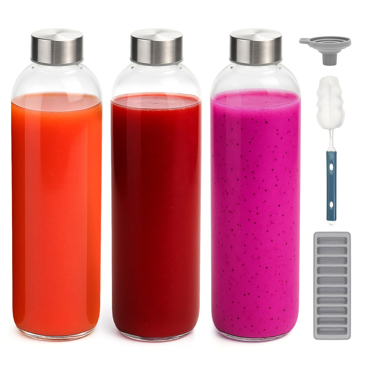 Zukro glass juice bottle 32oz in a 3-pack, durable and reusable.