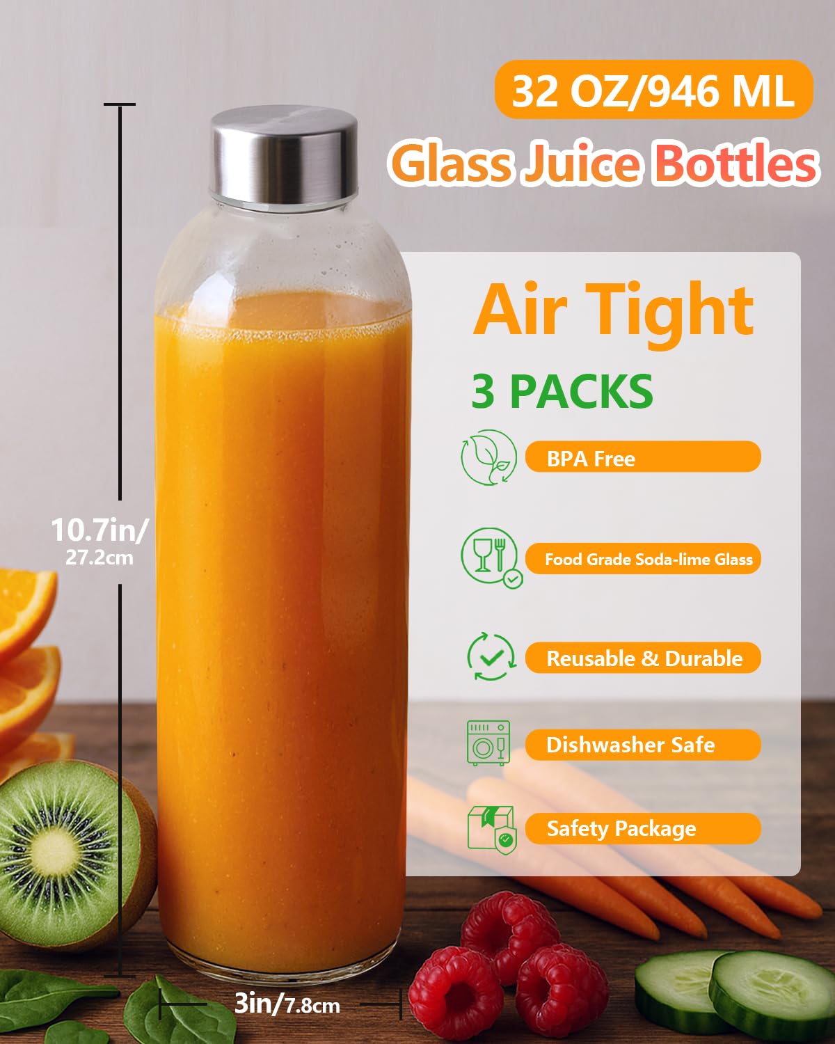 Stainless steel airtight lids protect freshness on Zukro bottles.