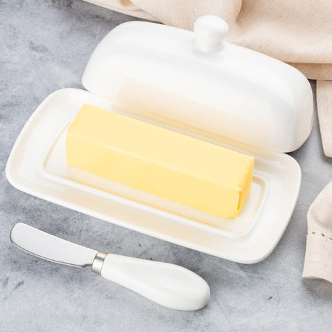 Lid and dish accommodate standard butter sticks and optional cream cheese.