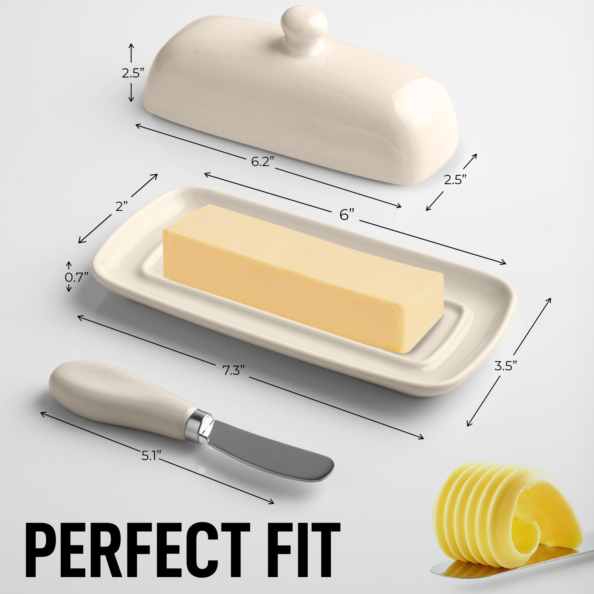 Zulay butter dish knob handle in porcelain prevents mess when lifting.