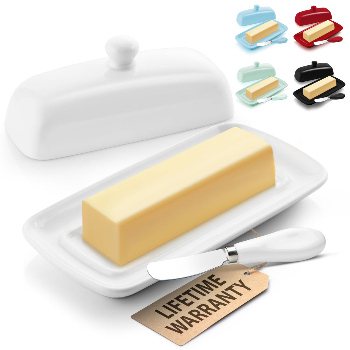 Zulay Kitchen butter dish with lid in porcelain white, top view for easy spreading access.