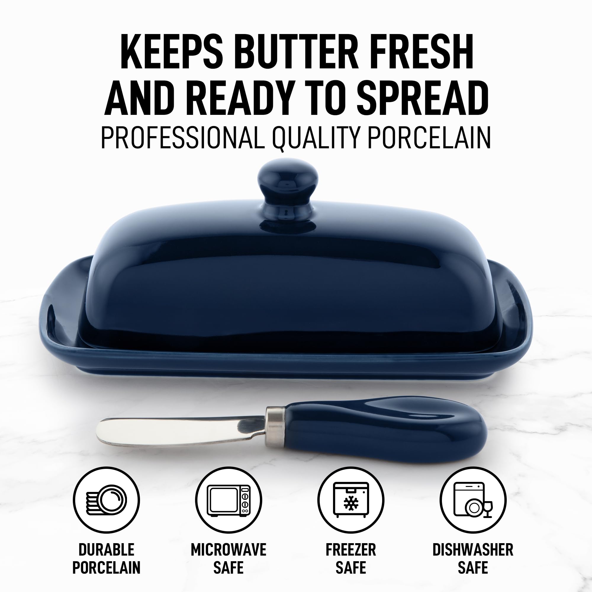 Zulay Butter Dish lid with knob for easy lifting and mess-free serving.