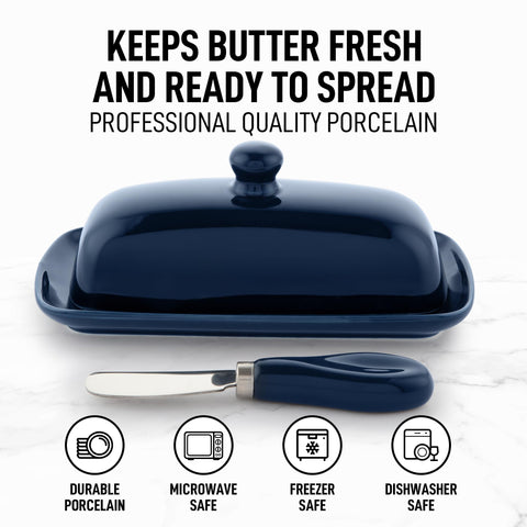 Zulay Butter Dish lid with knob for easy lifting and mess-free serving.