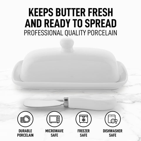 Zulay butter dish side shot showing sturdy porcelain and stable counter placement.