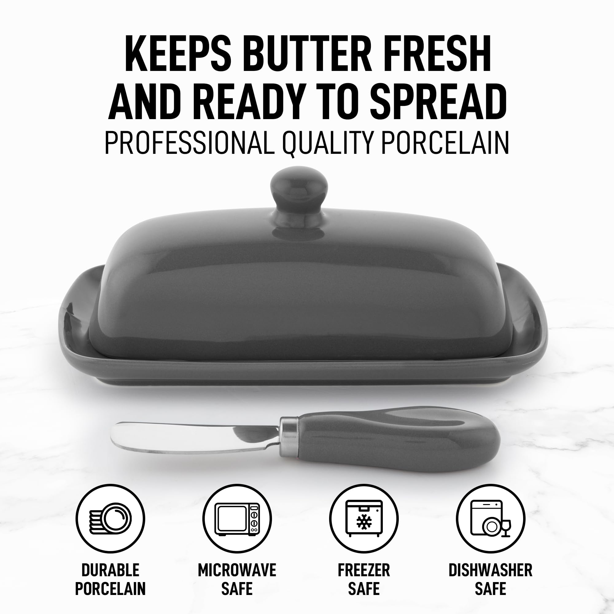 Zulay butter dish features raised edges and knob for mess-free slicing.
