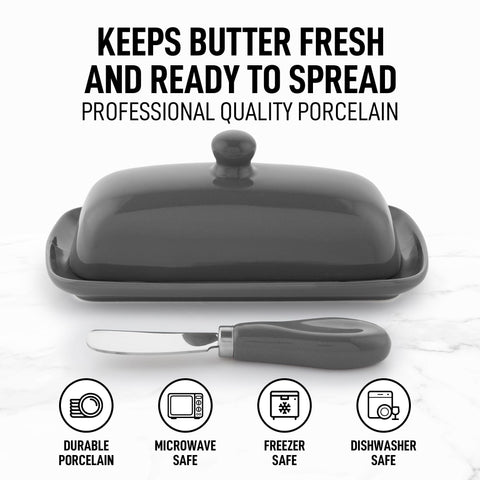 Zulay butter dish features raised edges and knob for mess-free slicing.