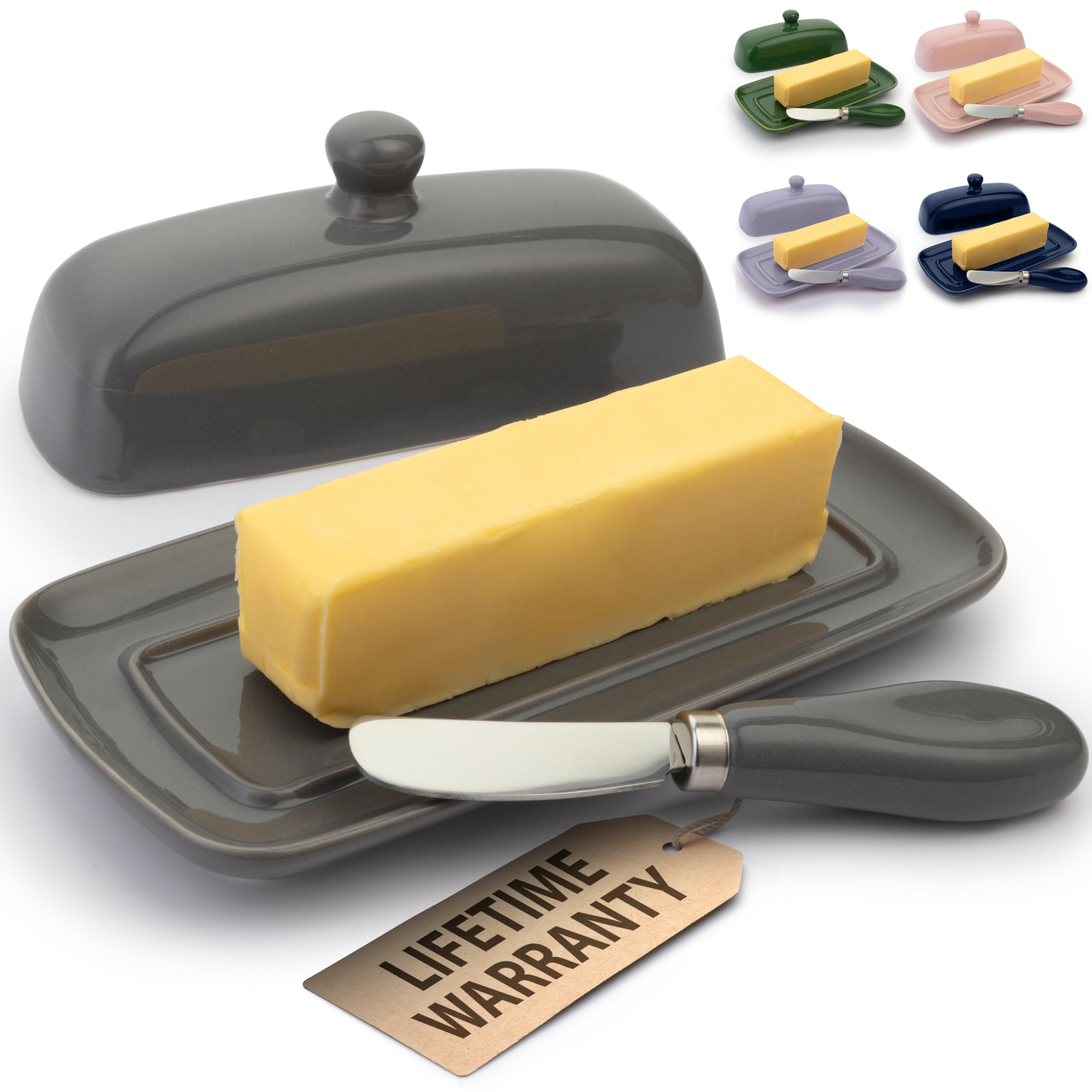 Zulay Butter Dish with Lid in porcelain white on countertop for convenient spreading.