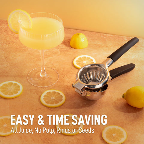 Heavy-duty stainless steel bowl of Zulay squeezer juicing large lemons and limes