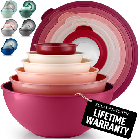 Zulay Kitchen 12-piece mixing bowls top view with clear lids for easy prep and visibility.