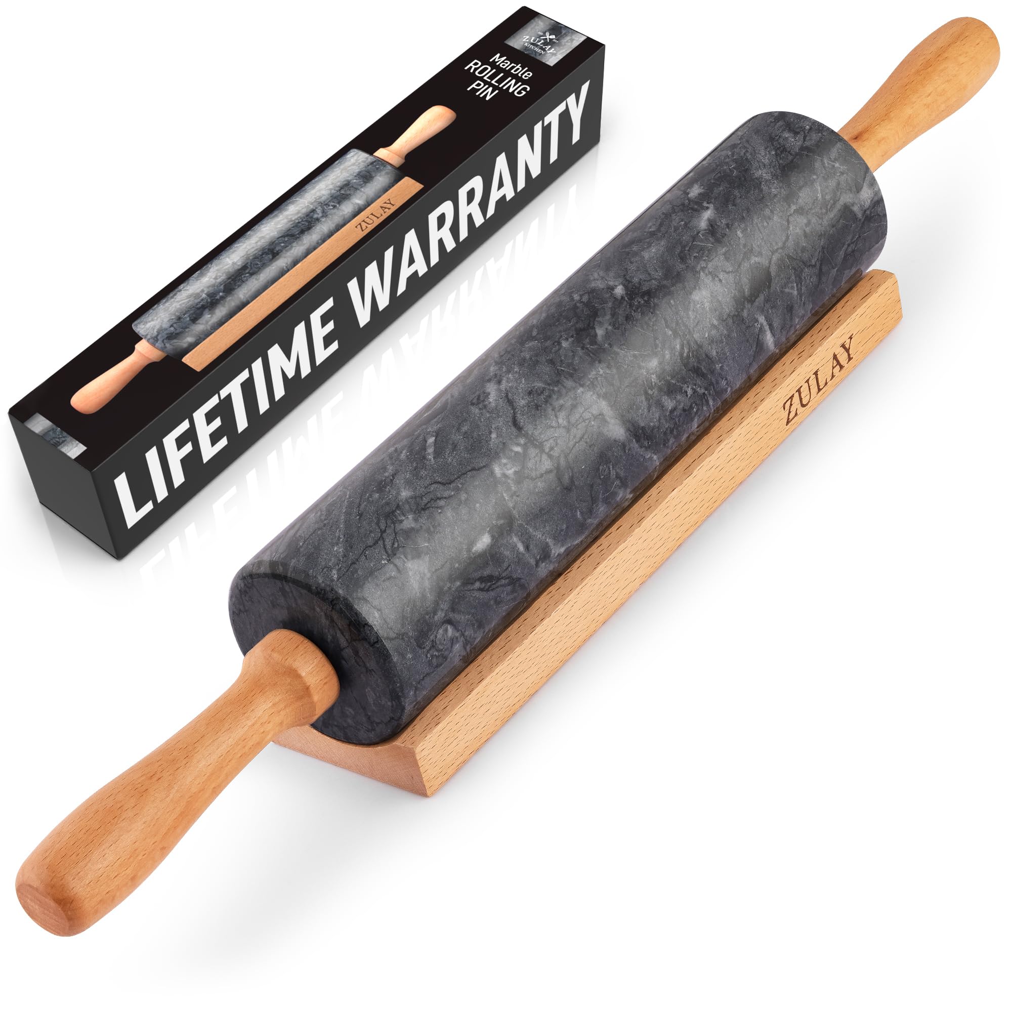 Zulay Kitchen 17-inch marble rolling pin with stand for stable storage and use