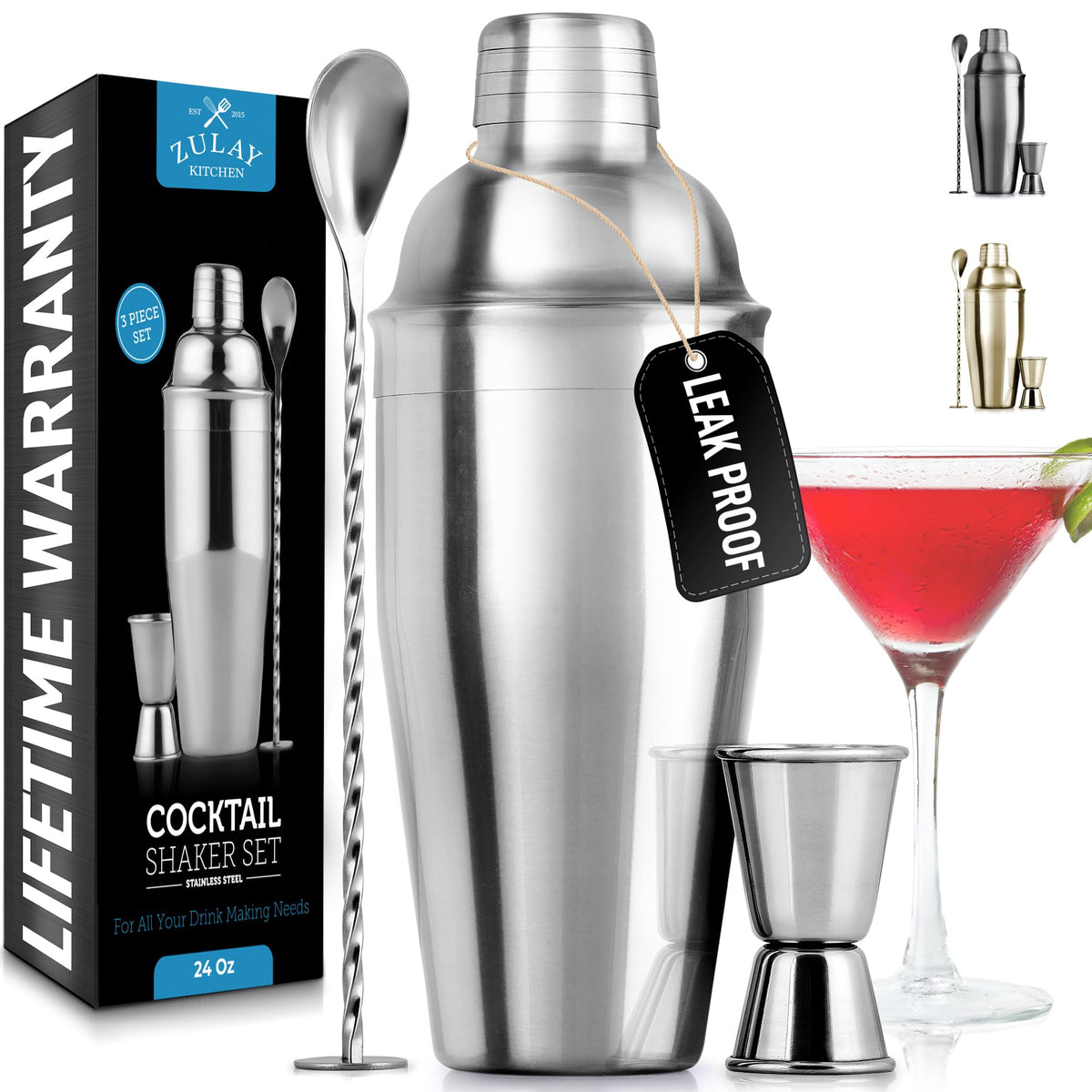 Zulay Kitchen 24oz cocktail shaker set with built in strainer for smooth mixing.