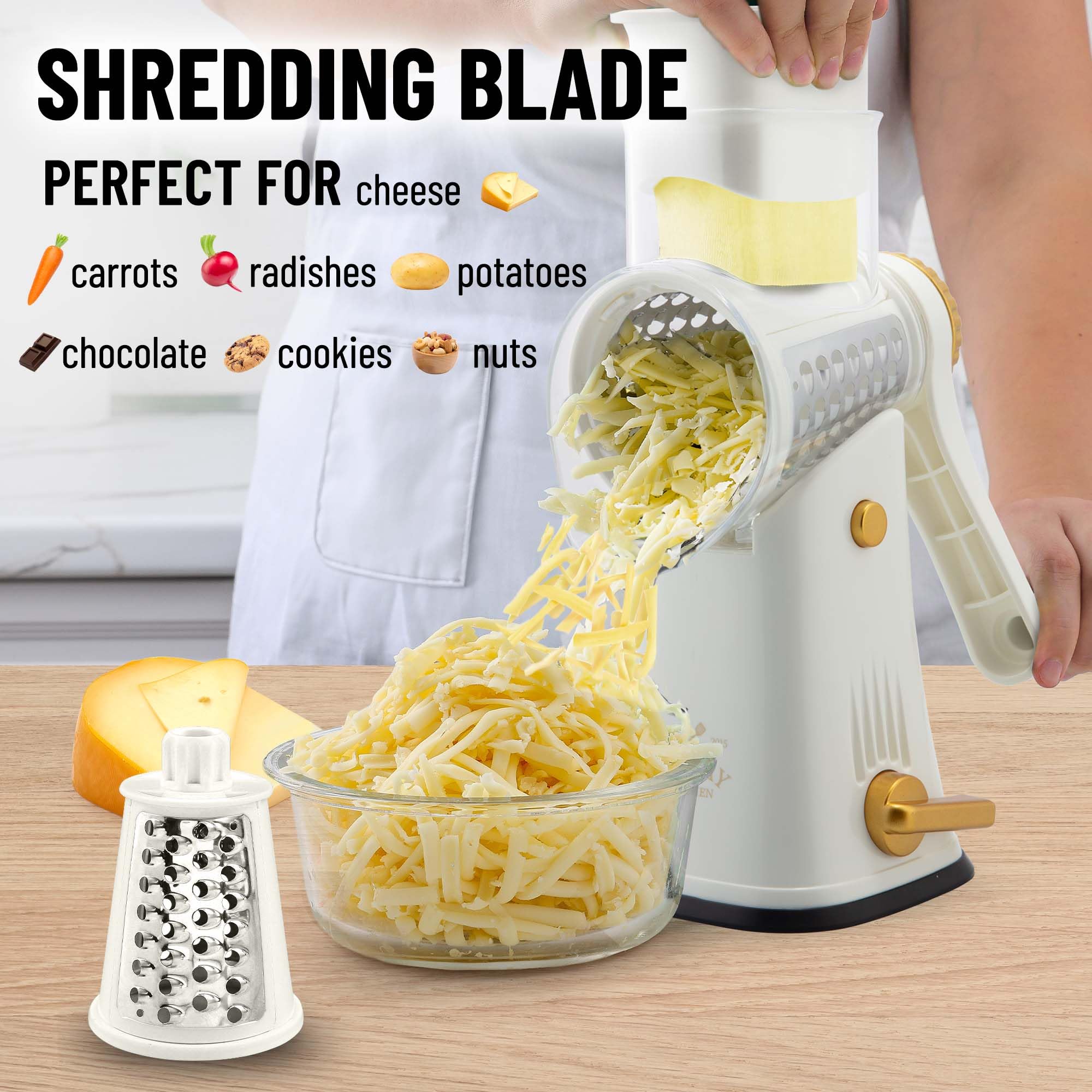 Zulay Kitchen Rotary Cheese Grater with five interchangeable blades for versatile prep.