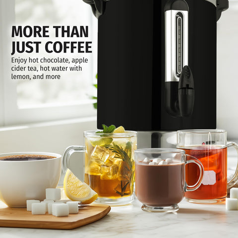 Zulay Kitchen 50 cup coffee urn shows cool touch handles for safe transport
