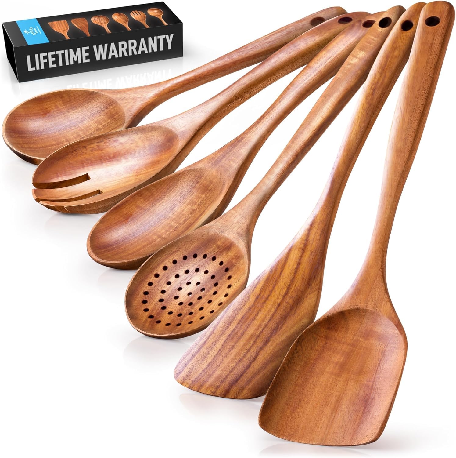 Zulay Kitchen 6-piece teak wooden spoons – salad spoon for gentle mixing and serving
