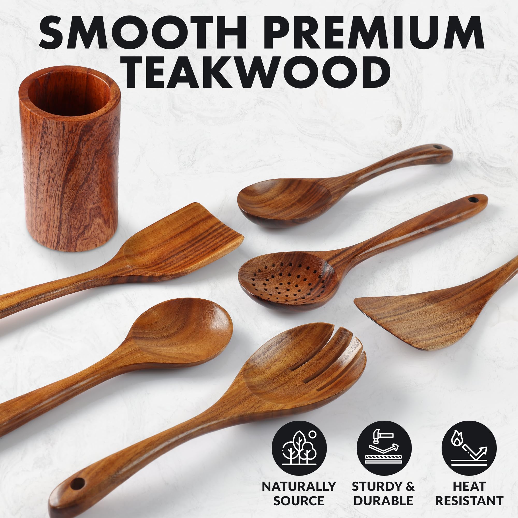 Zulay Kitchen 7-piece wooden utensils organized in a sleek caddy for easy access
