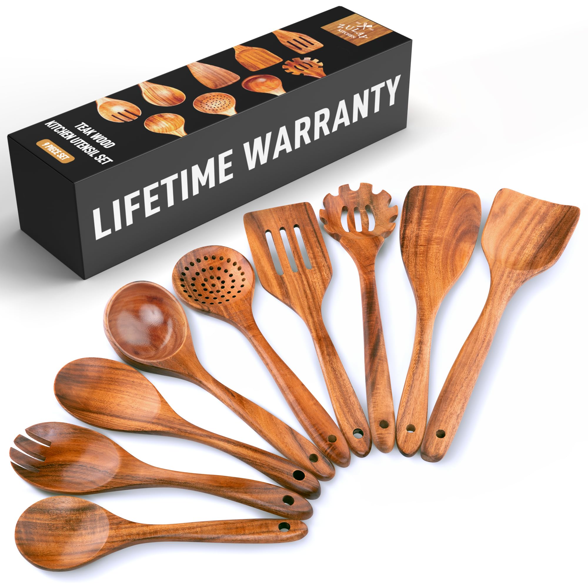 Zulay Kitchen 9-piece teak utensils overview showing durable natural finish.