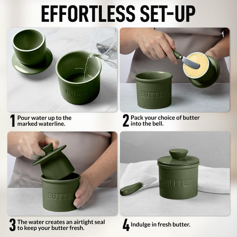 Zulay Kitchen butter crock with water base preserves freshness at room temperature.