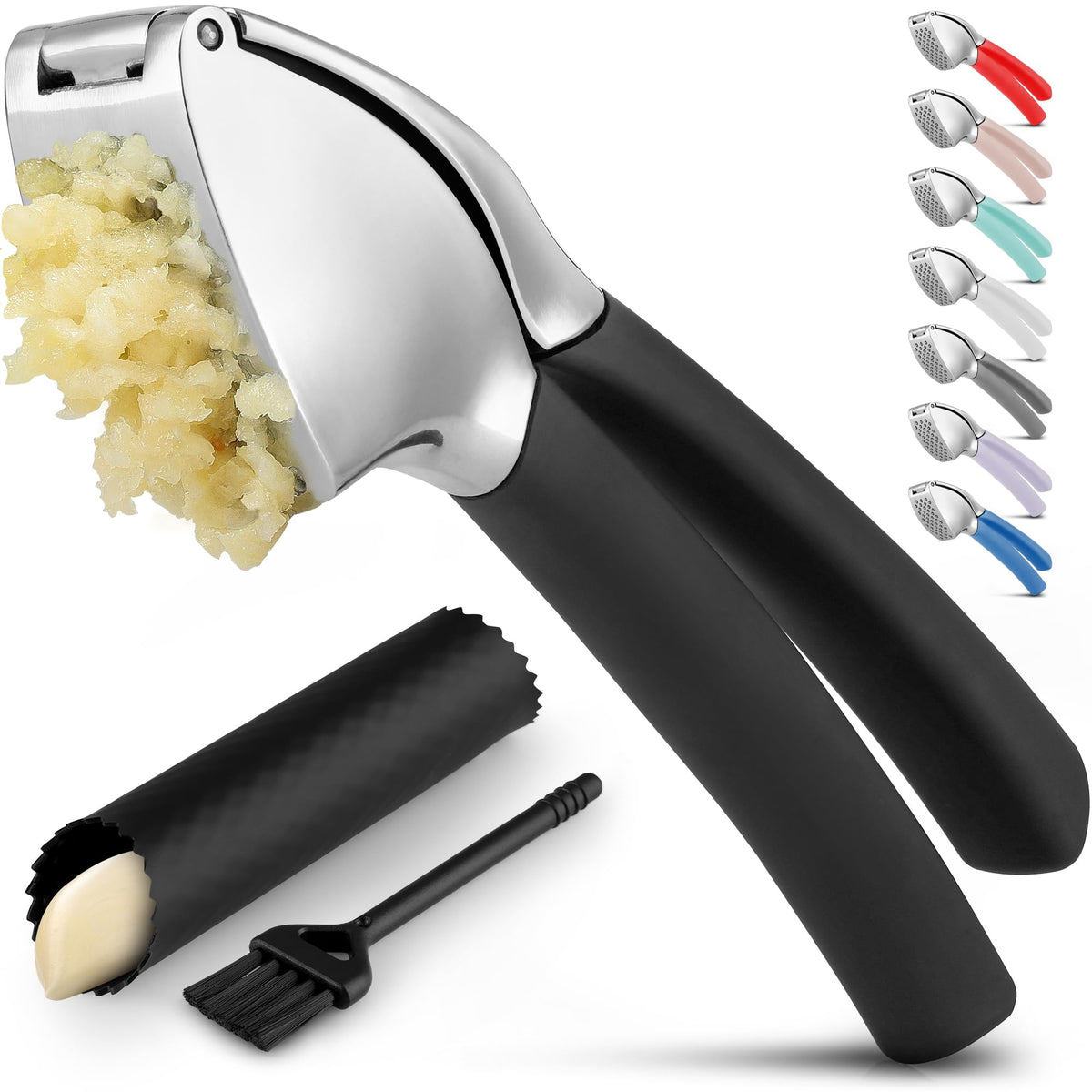 Zulay Kitchen Comfort Grip garlic press demonstrating efficient paste extraction in compact form.