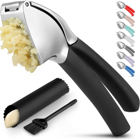 Zulay Kitchen Comfort Grip garlic press demonstrating efficient paste extraction in compact form.